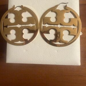 Tory Burch 18k Gold Plated Brass Cutout Logo Earrings (Authentic)